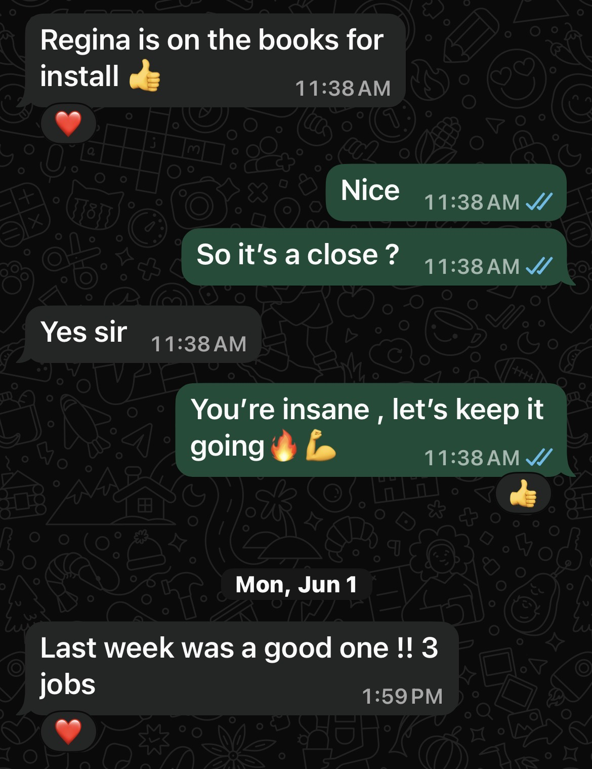 Supplied message screenshot confirming an installation booking and reporting three jobs in a week